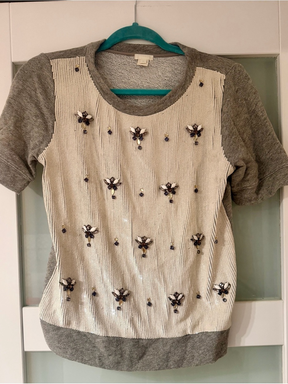 J. Crew Cream Front Embellished Short-Sleeve Sweater with Gray Trim